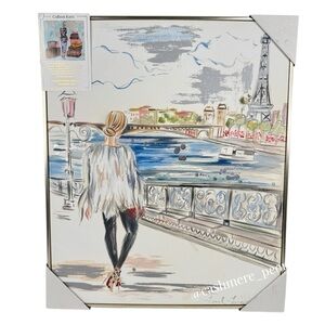 NWT Colleen Karis Print on Canvas Girl in Fur in Paris Seine River Framed Art